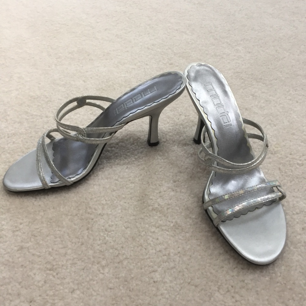 Moda Spana Dressy Silver Iridescent Strap Slip On Backless Heeled Sandal - 6 - Picture 3 of 10